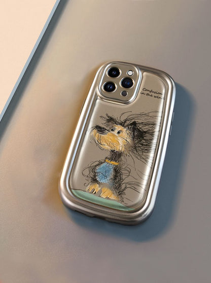 A vaguely drawn puppy design. A luxurious smartphone case with a drawstring that is compatible with iPhones.