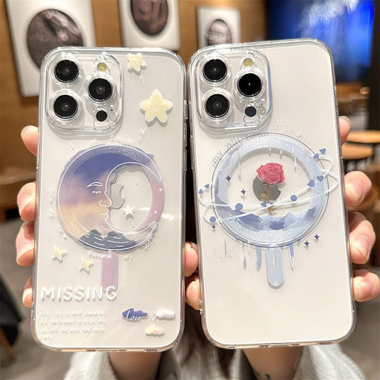 スマホケース  幻想的な月と艶やかなバラが織りなすマグネットスマホケース！  耐衝撃・防振性能に優れ、高級感あふれるスマホケースで、iPhone に対応