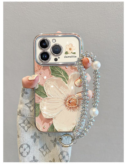 Oil painting style camellia pattern, luxurious smartphone case with drawstring and stand, compatible with iPhone