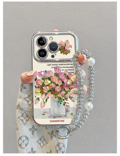 Romantic oil painting flower design, luxurious bracelet and stand included, smartphone case for iPhone