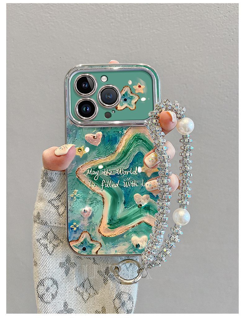 Oil painting style starfish design, luxurious smartphone case with drawstring and stand, compatible with iPhone