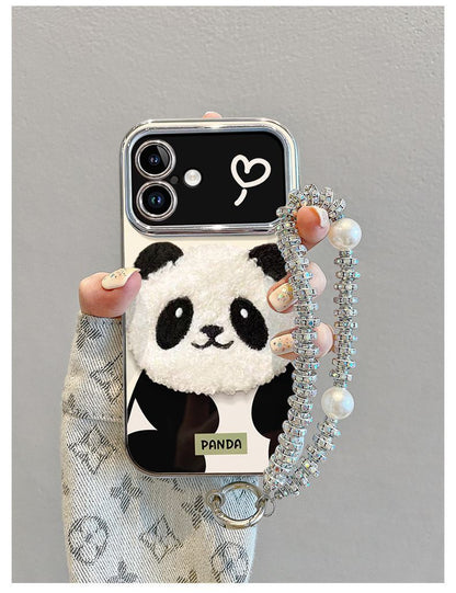 A three-dimensional fluffy panda design with a luxurious feel. Comes with a drawstring and stand. Smartphone case for iPhone.