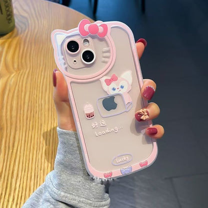 スマホケース 可愛らしいハローキティが躍動する透明スマホケース！ 耐衝撃・防振性能に優れ、高級感あふれるスマホケースで、iPhone に対応