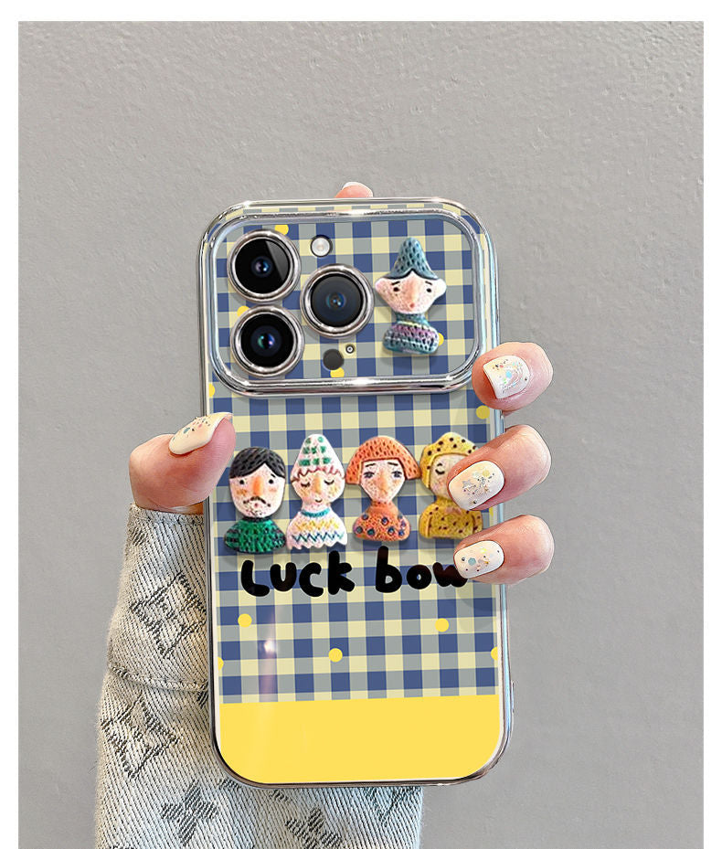 A luxurious smartphone case with a stand and a drawstring, featuring a character design of Gatsutsu pattern, suitable for iPhones