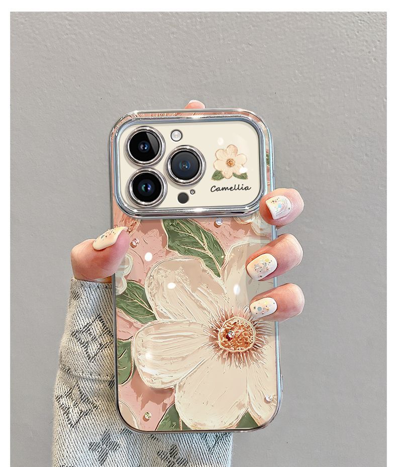 Oil painting style camellia pattern, luxurious smartphone case with drawstring and stand, compatible with iPhone