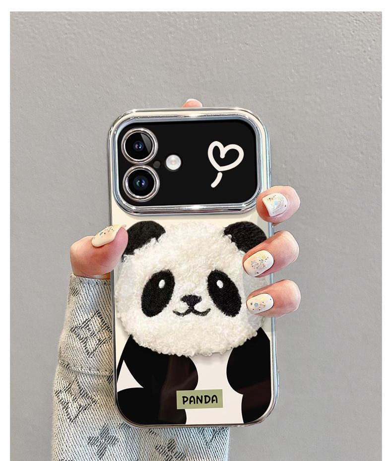 A three-dimensional fluffy panda design with a luxurious feel. Comes with a drawstring and stand. Smartphone case for iPhone.