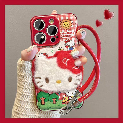 Fluffy Hello Kitty doll design, luxurious smartphone case with drawstring, compatible with iPhone