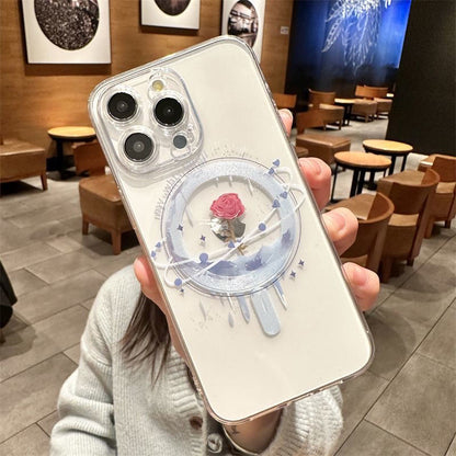 スマホケース  幻想的な月と艶やかなバラが織りなすマグネットスマホケース！  耐衝撃・防振性能に優れ、高級感あふれるスマホケースで、iPhone に対応