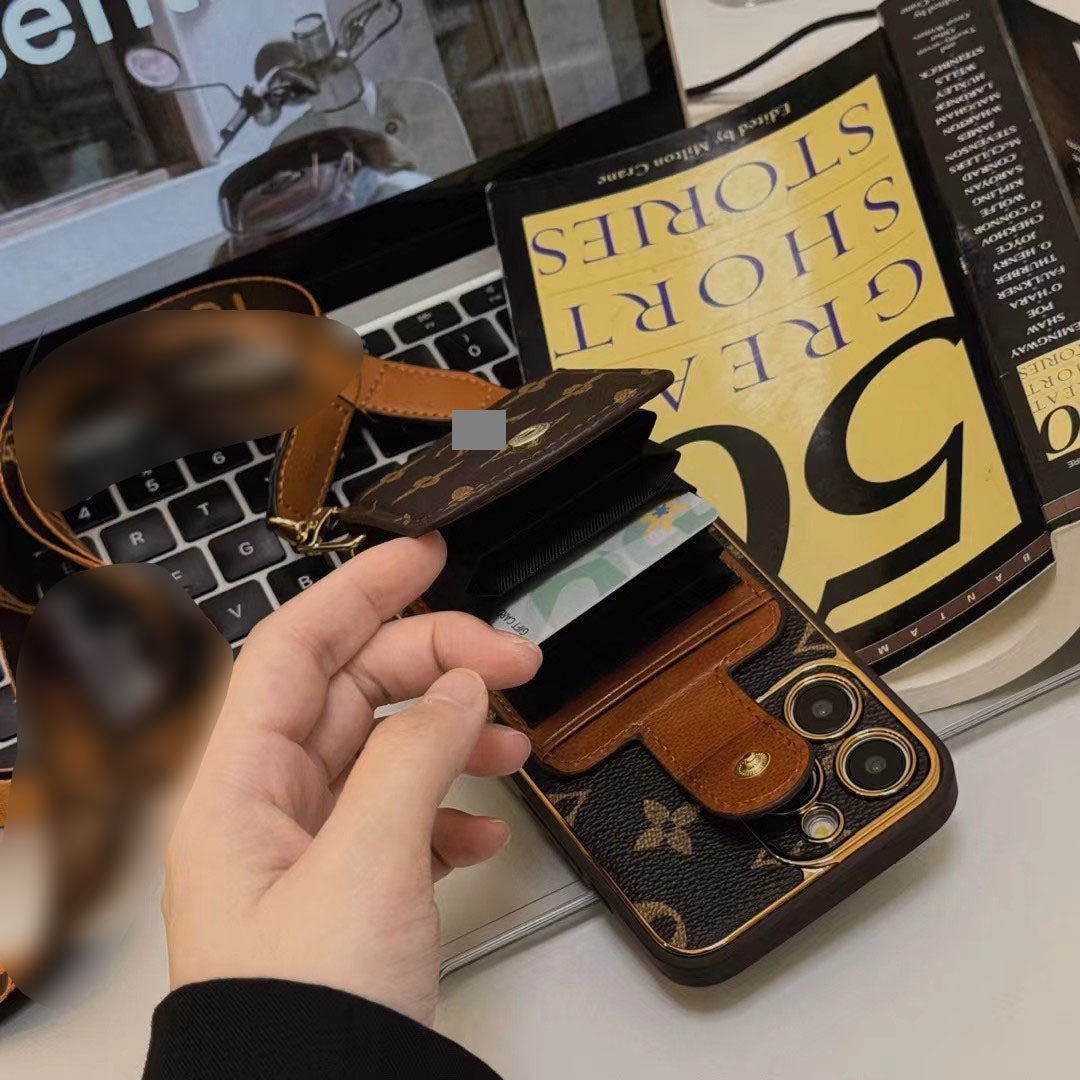 #445  スマホケース  カードケース付きでストラップ付き  耐衝撃・防振性能に優れ、高級感あふれるスマホケースで、iPhone に対応