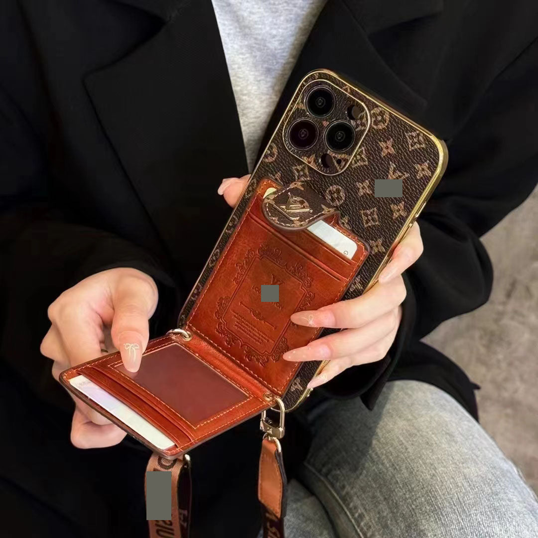 #429  スマホケース  メッキ加工  紐付き カードケース付き 耐衝撃・防振性能に優れ、iPhone に対応