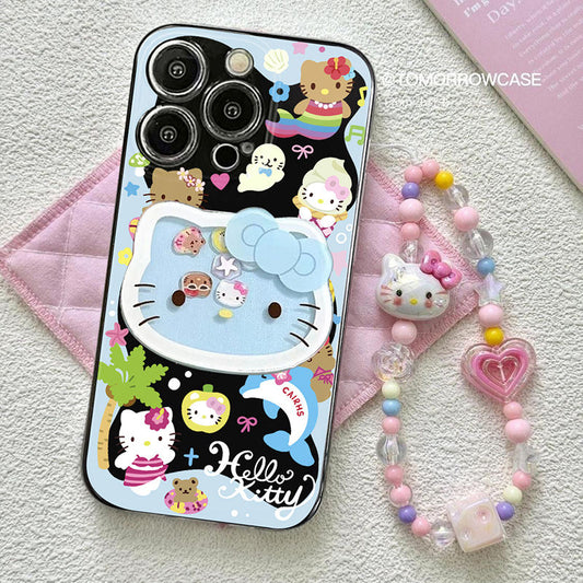 スマホケース  可愛らしさが溢れるハローキティが、ぐるぐると揺れるユニークなラシャーデザインで登場!磁石吸着式スマホケース  耐衝撃・防振性能に優れ、高級感あふれるスマホケースで、iPhone に対応