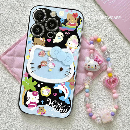 スマホケース  可愛らしさが溢れるハローキティが、ぐるぐると揺れるユニークなラシャーデザインで登場！磁石吸着式スマホケース  耐衝撃・防振性能に優れ、高級感あふれるスマホケースで、iPhone に対応